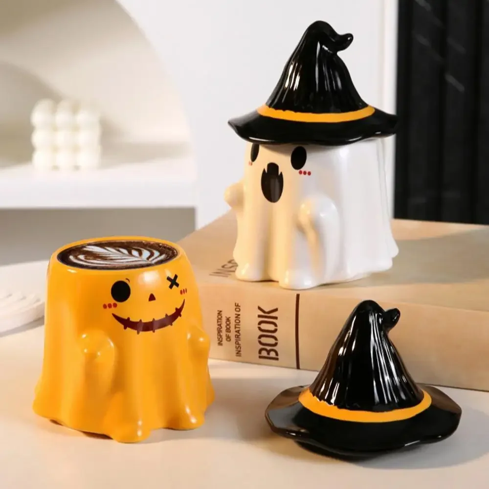 Halloween Ghost Elf 3D Creative Cute Ghost Mug Adorable Pattern Mug Cute Ghost Ceramic Coffee Mug with Lid White Yellow