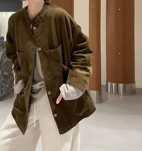 

Винтажная вельветовая куртка 2025 года для женщин, весенне-осенняя новая повседневная свободная утягивающая ветровка, пальто