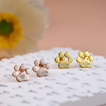 Engraved Paw Print Name Stud Earrings Personalized Dog Cat Pet Name Earring Stainless Steel Jewelry Memorial Gift for Women Girl