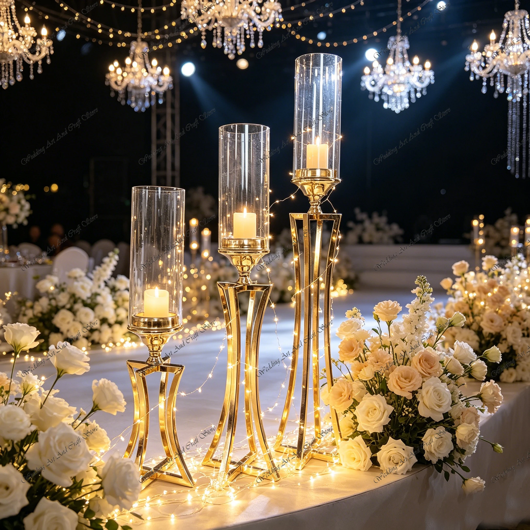 

4pcs f30 40-60cm Gold Metal Candle Holder with Glass Hurricane Candle Stands Flower Centerpiece for Wedding Party Decor ivy1047