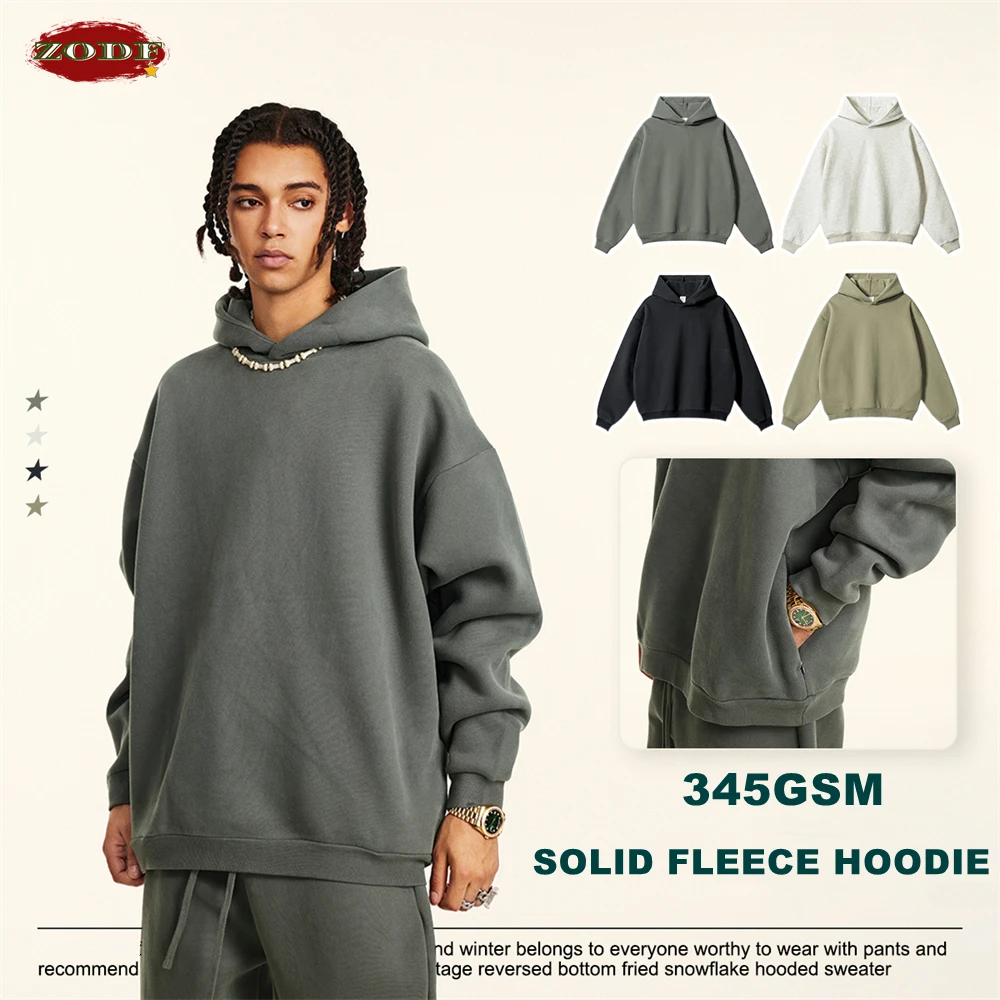 ZODF New Winter Men Solid Fleece Hoodies Unisex Women 345gsm Loose Warm Side Zipper Pocket Hooded Pullovers Brand Clothes HY0867