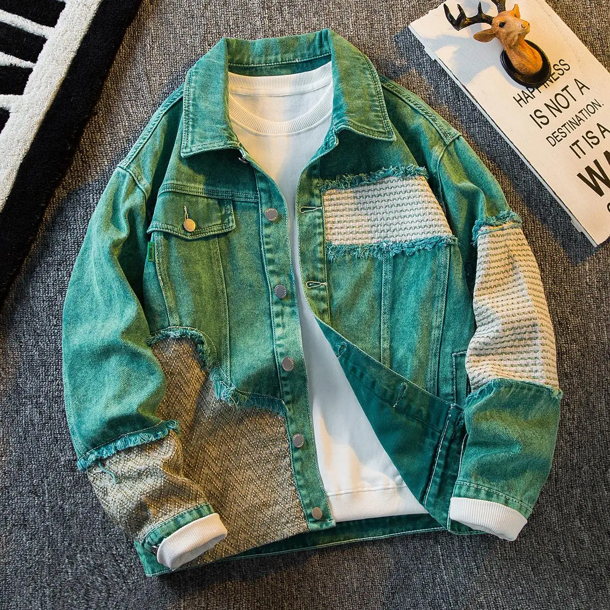 

Мужская джинсовая куртка Heavy Du Waed в стиле пэчворк, повседневное весенне-осеннее пальто для отдыха в американском винтажном дизайне, молодежное пальто