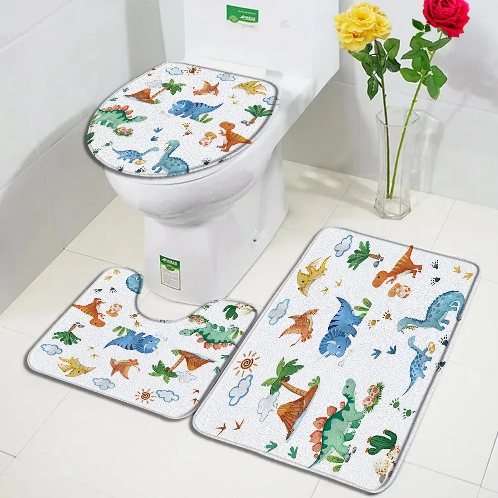 Cartoon Dinosaur Bath Mat Set Funny Animals Tropical Plant Coconut Tree Cactus Kids Carpet Bathroom Decor Floor Rug Toilet Cover