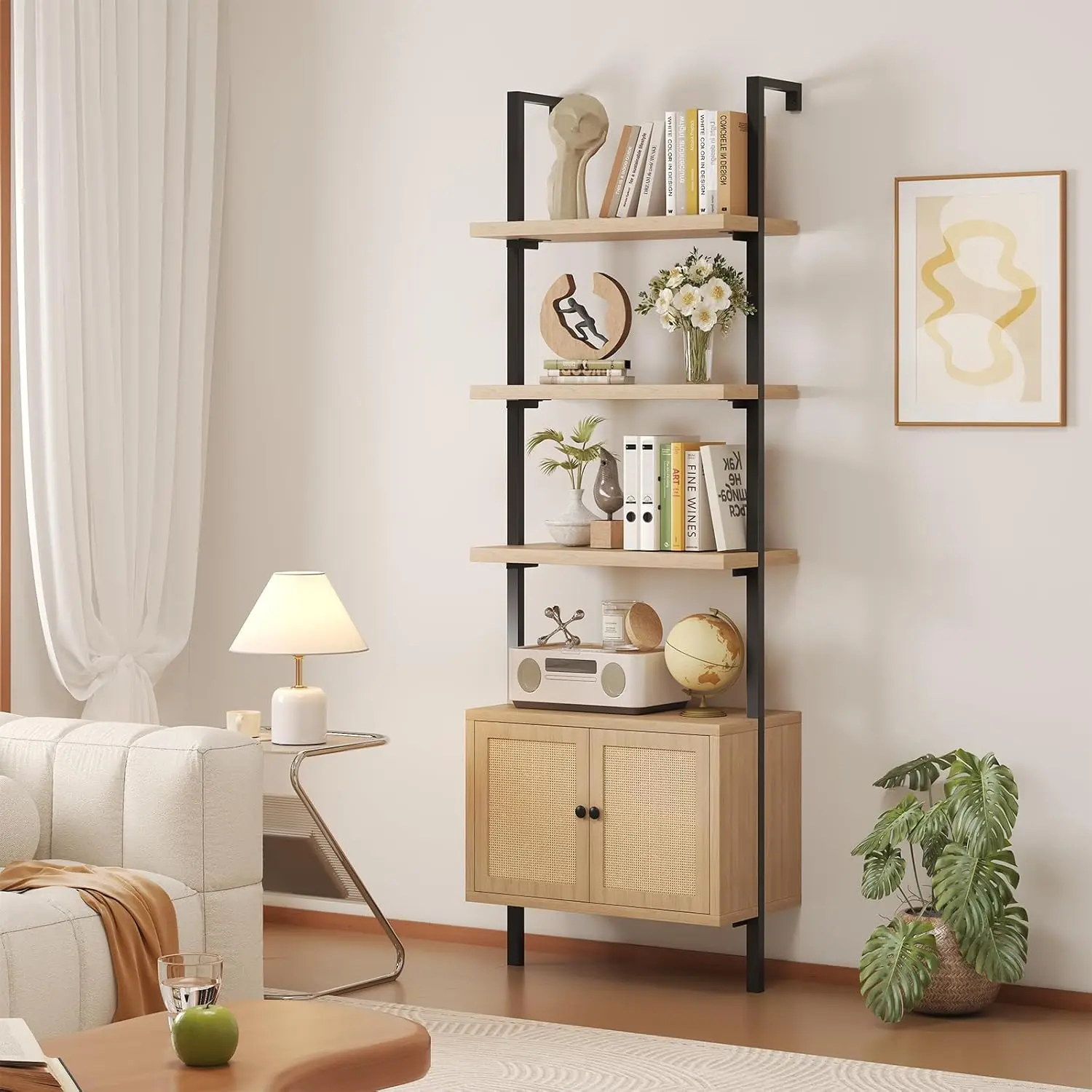Ladder Bookshelf, 4 Tier Book Shelf with Rattan Cabinet, Wall Mount Bookshelves and Bookcases with Metal Frame, Anti Dump, Tall