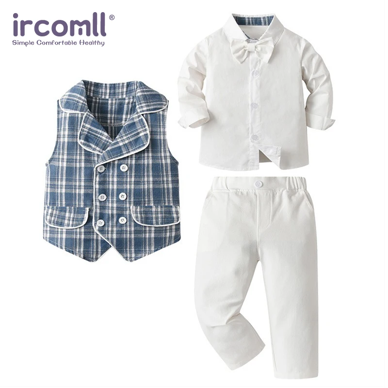 

Ircomll 2025 3PCS Spring Newest Baby Boy Gentleman Clothing Sets Party Long Sleeved Plaid Shirt +Waistcoat+Pants Boys' Suit