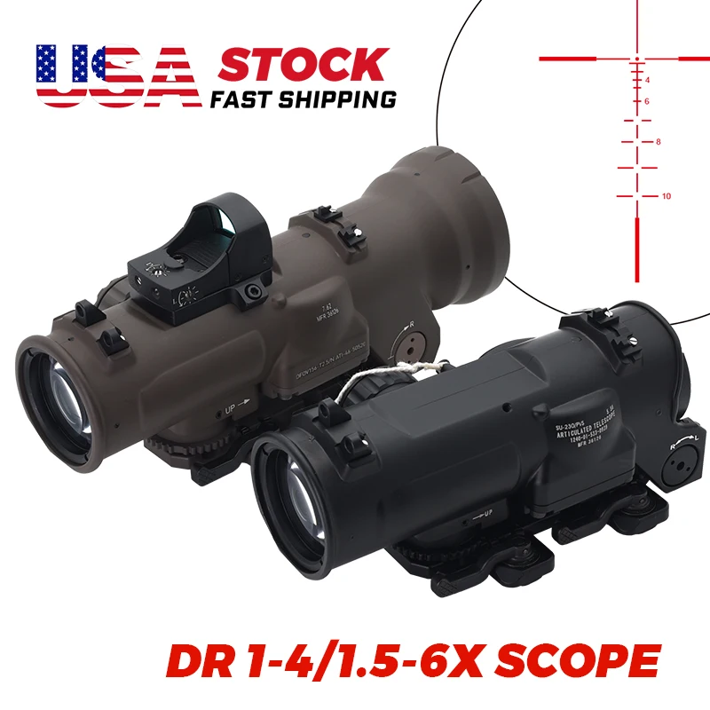 

Тактический прицел DR 1-4x/1,5-6x с фиксированным двойным полем зрения с красной подсветкой, красный прицел с полной маркировкой для страйкбола