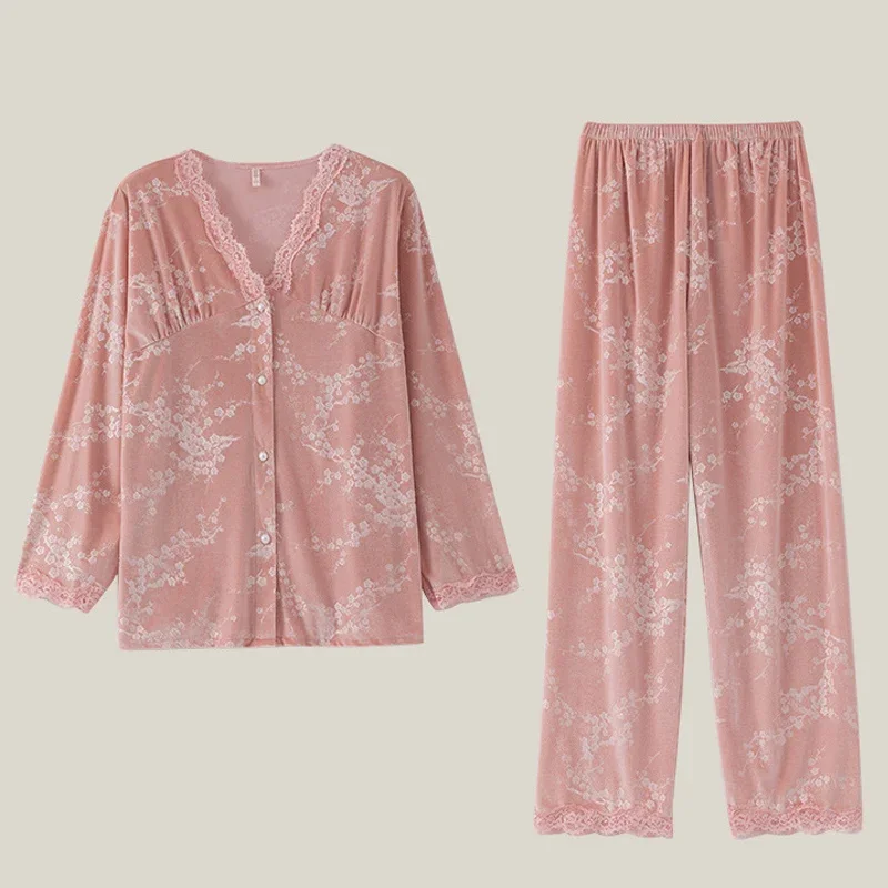 Sexy V-Neck Lace Edge Sleepwear Autumn Winter Velvet Plum Blossom Pajamas Suit Long Sleeved Homewear Casual Velour Lounge Wear