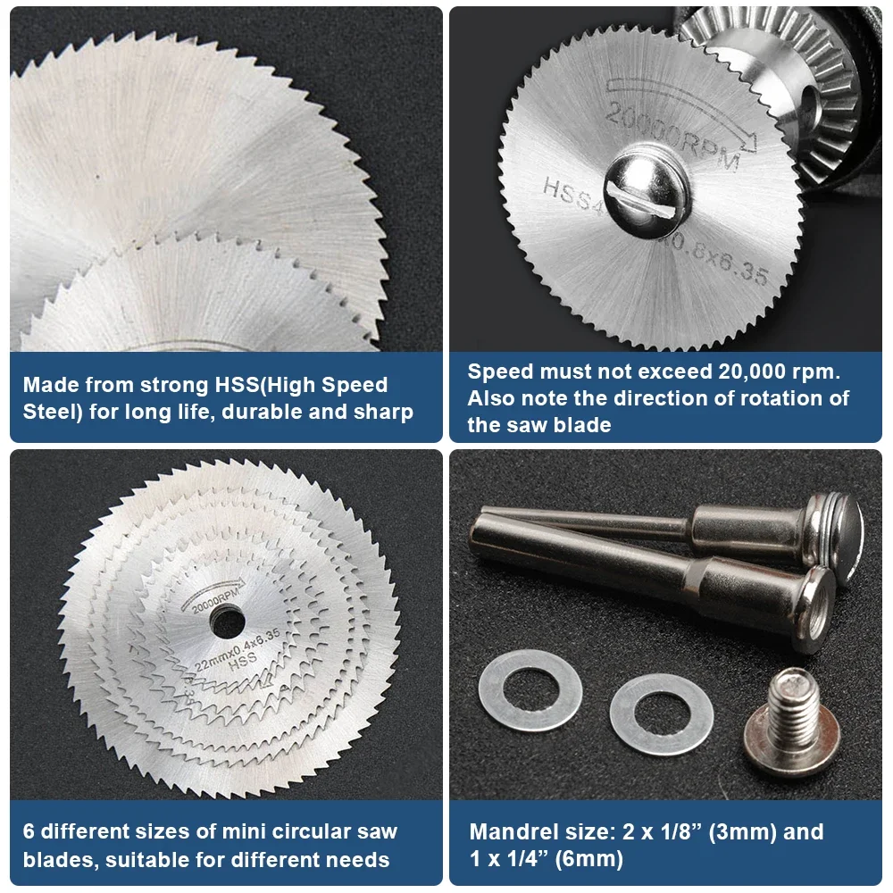6Pcs HSS Cutting Wheels for Dremel - Saw Blades Kit w/ 1/8" & 1/4" Shank Mandrels, Screwdriver - Cut Wood, Plastic, Aluminum