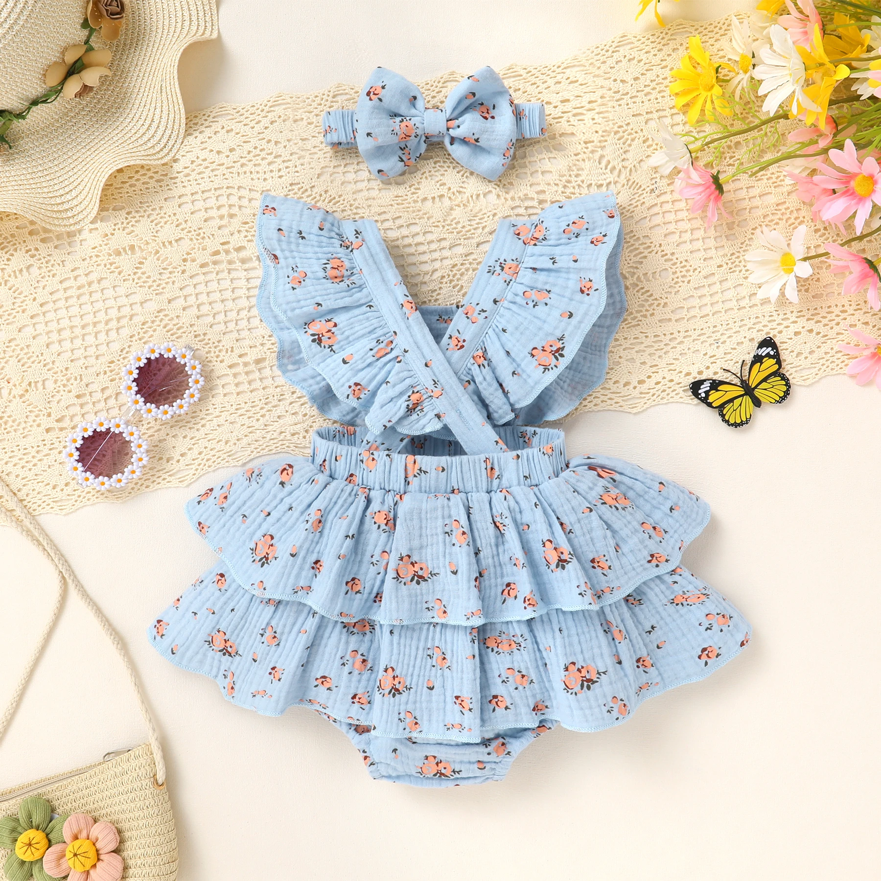 2pcs Baby Girls Summer Cute Floral Print Sleeveless Double Layer Ruffle Bodysuit with Bow Headband