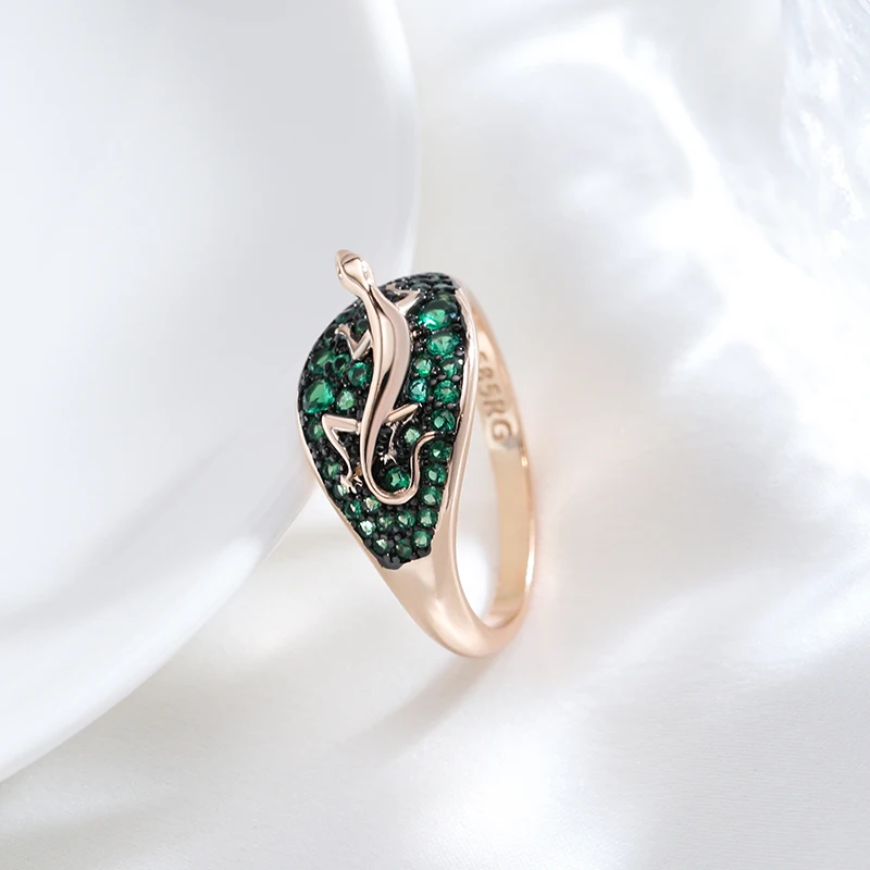 Kinel Hot Unique Green Natural Zircon Lizard Ring For Women 585 Rose Gold and Black Plating Vintage Animal Daily Punk Jewelry