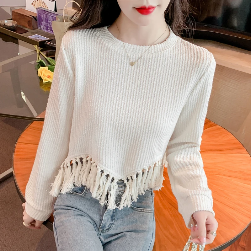 

Cropped Pullovers Women's Clothing Long Sleeve O-neck Jumper Pull Femme Chic Irregular Tassel Knitted Sweater Tops Sueter Mujer