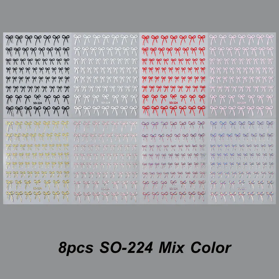 

8 шт. разноцветные наклейки для дизайна ногтей с бантом, 3D милые красные, черные, розовые банты, подвески для ногтей, фольга Y2K, золотой лазерный эффект, бант, маникюрный декор