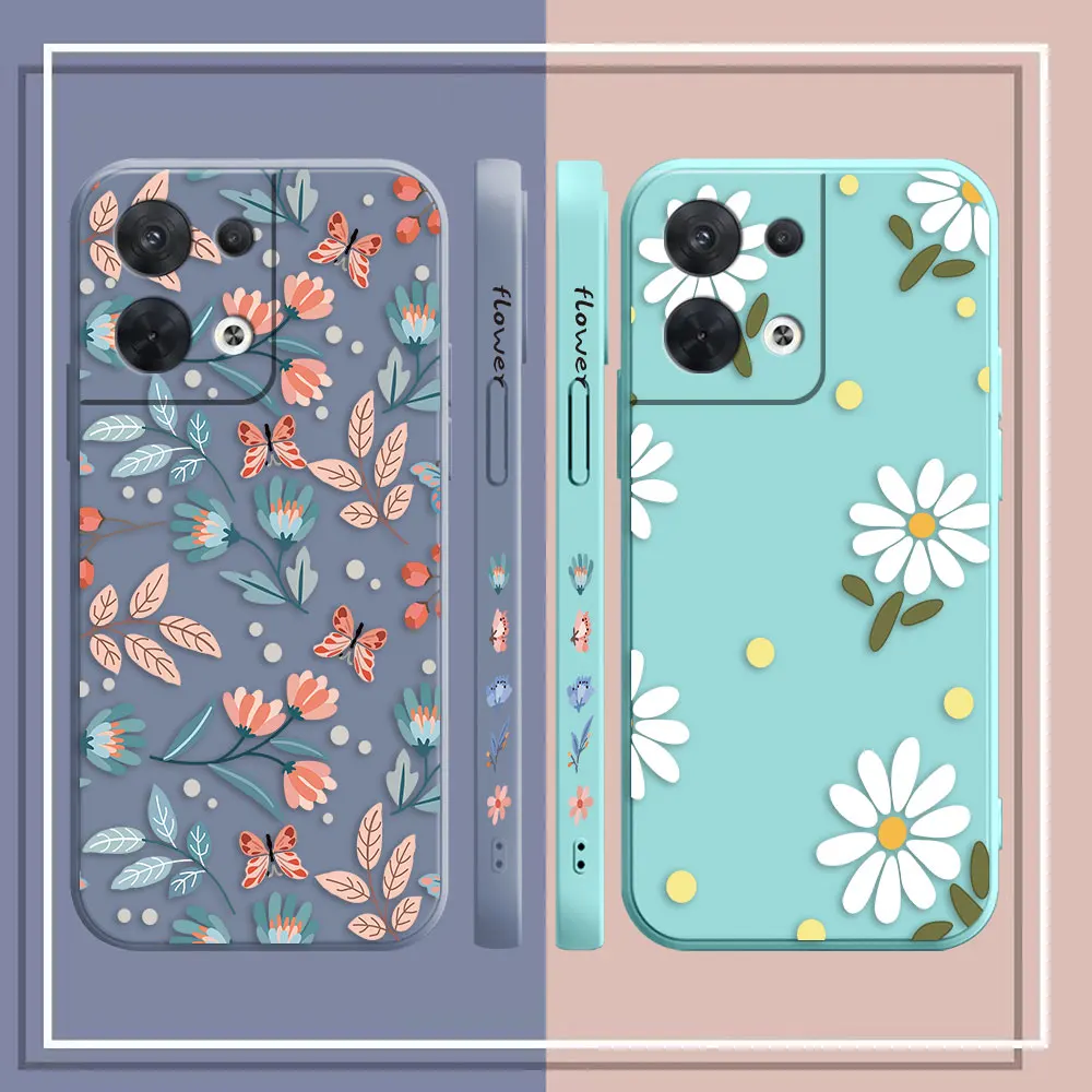 Printed Chrysanthemum Phone Case For OPPO RENO 10 8 8T 7 6 5 4 3 4G 5G PRO PLUS Colour Liquid Silicone Case Funda Shell Capa