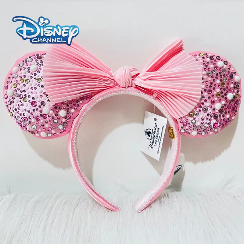 Disney Pink Headband Unique Diamond Pearls Mickey Ear For Adults Pleated Bow Headband Minnie Park Accessories Headwear