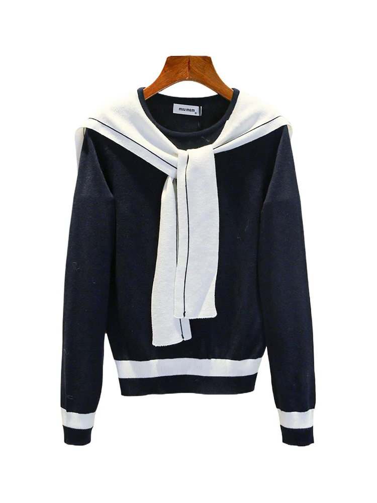 Miumem Navy Collar Knitted Sweater Women's Top with Belt Autumn Winter College Sle Long Sve Regular Fit Commute Sle