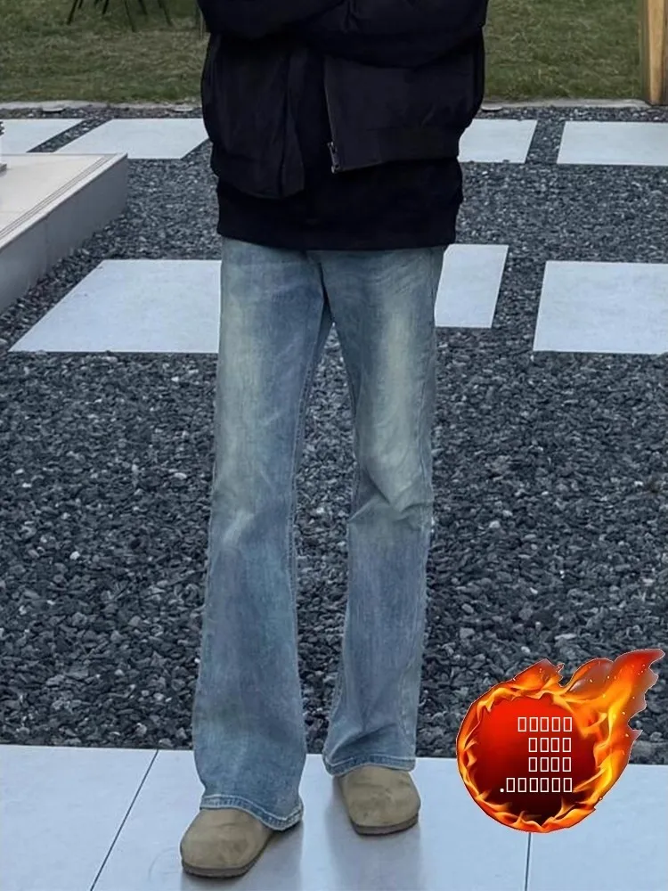 

Cleanfit Vintage Blue Thickened Fleece Lined Men's Jeans Knife Straight Leg Bell Bottoms Casual Wear All Seasons