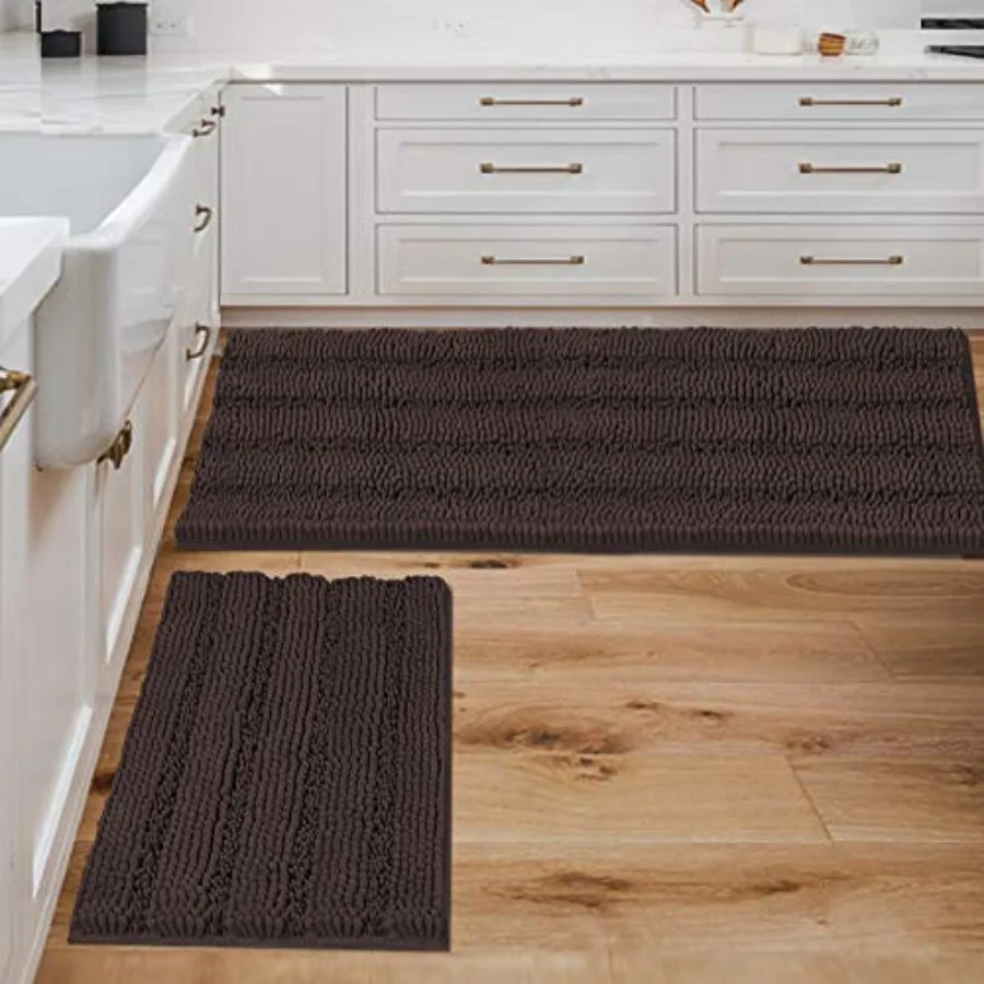 

Non Slip Thick Shaggy Chenille Bathroom Rug Mat Set Extra Soft and Absorbent Striped Floor Rugs 2 Pcs Machine-Washable