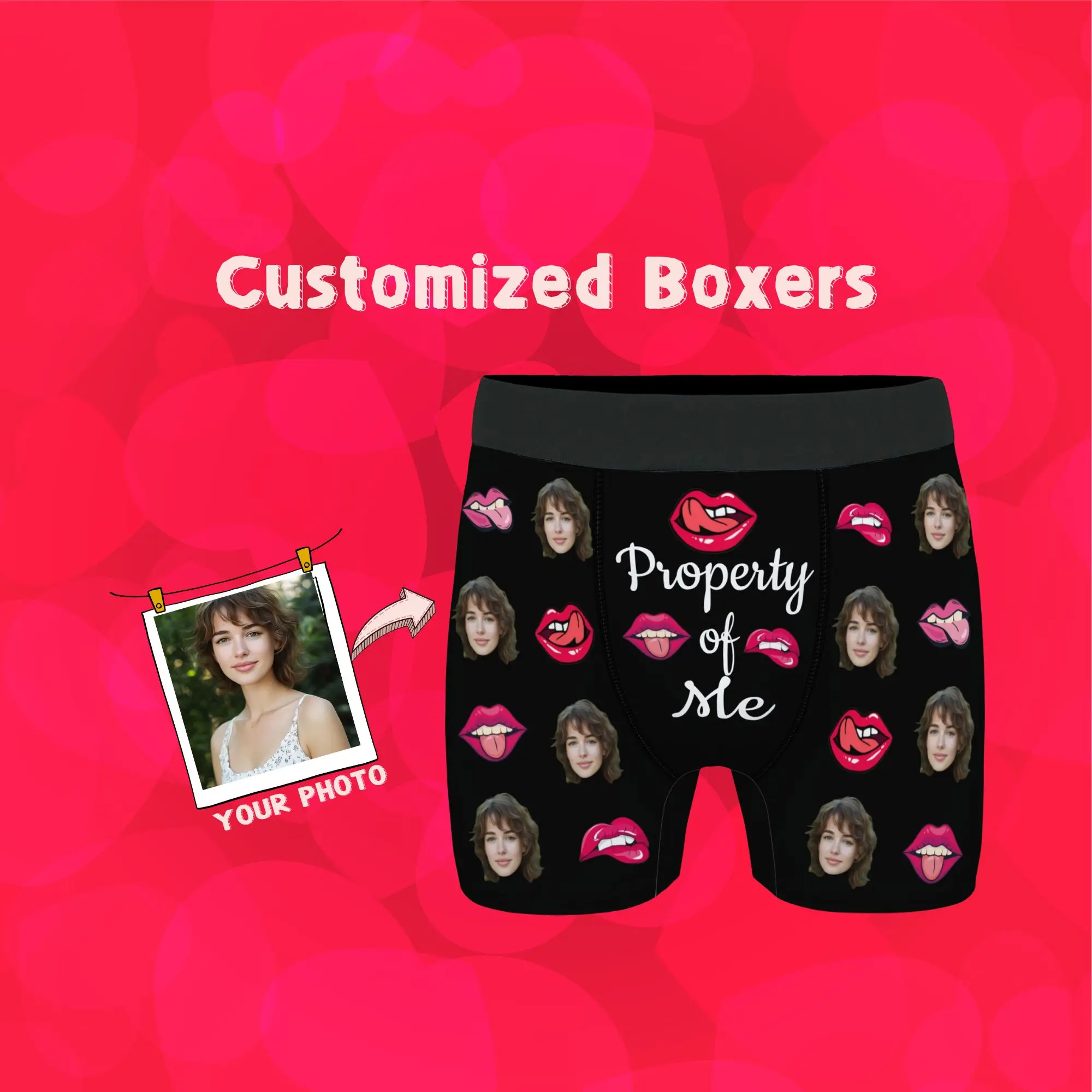 

Sweet Funny & Affectionate Men's Underwear Custom Face Boxer Briefs Black "I Love MY WIFE" & Red Lip Print Gift for Husband