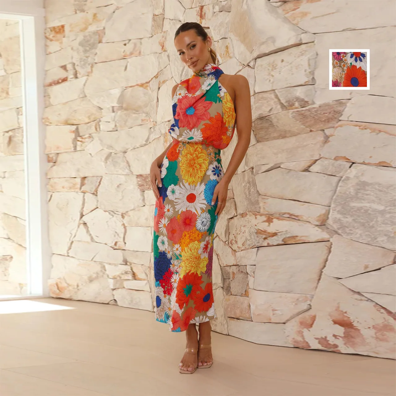 Robe d'été à grande fleur imprimée, col, taille, dos nu, design, style vacances, nouvelle mode, 117