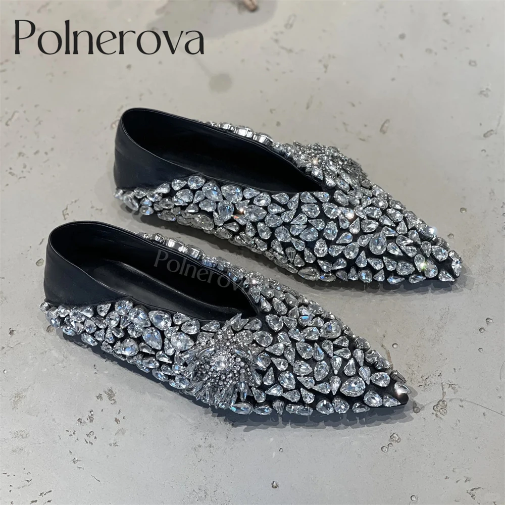 Crystal Embellished Ballet Flats Pointed-Toes Leather Shoes Luxurious Designer Style Handmade Shoes Bling Bling Rhinestone Shoes