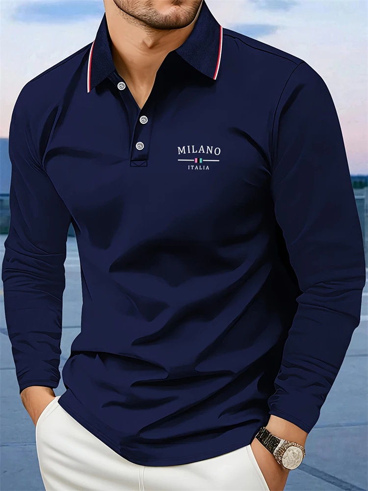 Men's Autumn Collared Polo Shirt Long-Sleeve Polo with Minimalist Stripe and Letter Print Suitable for Business Casual and Golf