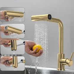 Brushed Gold Kitchen Faucet Pull Out Waterfall Black 304 Stainless Steel 360° Rotation Hot and Cold Water Saving Mixer Sink Tap