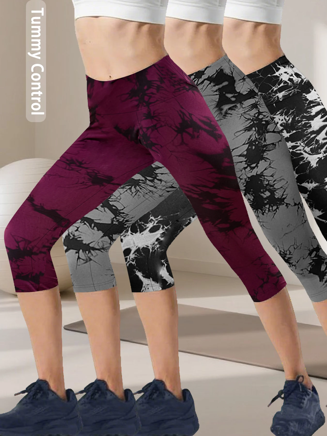 

Комплект из 3-х супермягких спортивных капри с высокой талией и принтом тай-дай для женщин, не просвечивающие, для тренировок, бега, йоги и занятий спортом