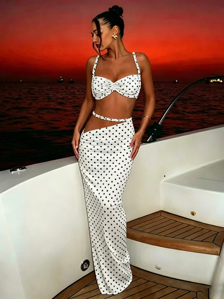 

Sultry Polka Dot Party Maxi Set Twist Front Dress Cropped Bustier-style Top High-waisted Maxi Skirt Dresses 2026 Dinner Robes