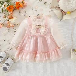 Spring and Autumn Girls' Long sleeved Dress Baby Girl Bow Cartoon Bear Fake Two Lace Princess Skirts