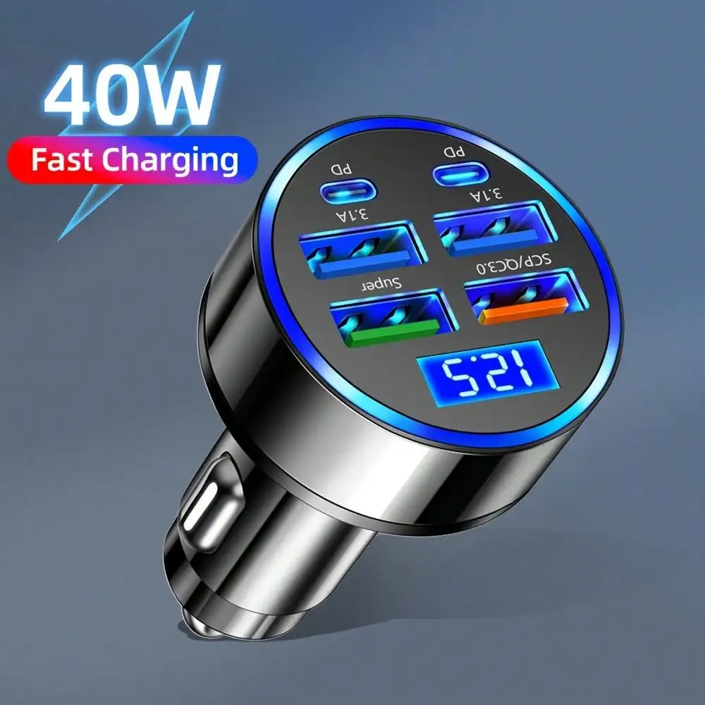 

40W 4-Port USB Car Charger with Digital Display, PD QC3.0 Fast Charging