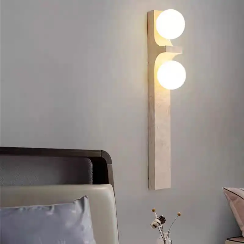 Long Strip Yellow Travertine Wall Lamp Wabi Sabi Glass Ball Lamp Japanese Bedroom Bedside Stair Aisle Up and Down Wall Scone