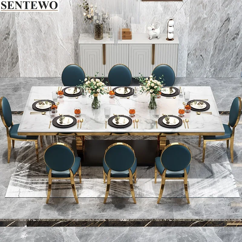 

SENTEWO Luxury Marble Dining Table and 8 Dinning Chairs Stainless Steel Golden Leg Frame Dinner Table Chair Set Haute De Cuisine