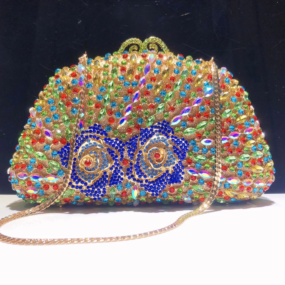

Women Colorful D Shape Stones Clutch Bags Crystal Evening Bags Metal Minaudiere Rhinestone Phone Purses Wedding Party Purse