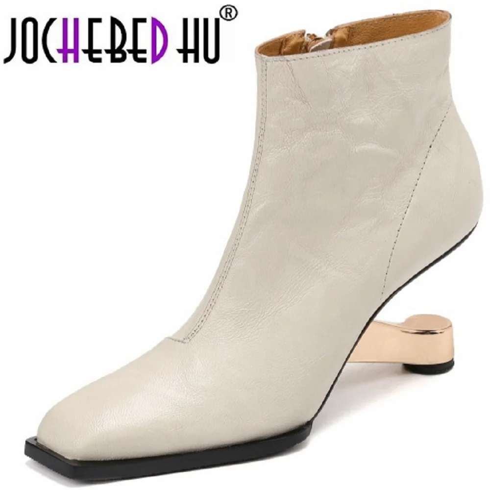 

【JOCHEBED HU】Handmade Brand Genuine Leather High heeled short boots British hundred side zipper chunky fashion western boots