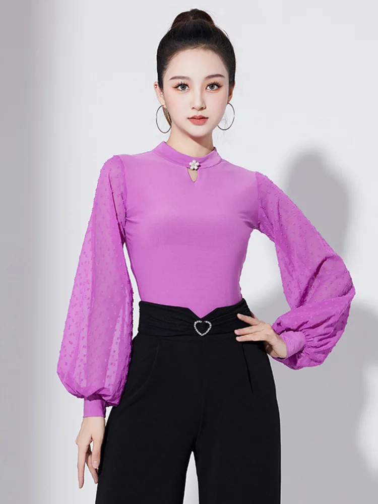 Slim Fit Lantern Sleeve Latin Dance Playsuits Competition Jazz Solid Color 2024 Stage Clothes Evening Woman Button Party Tops