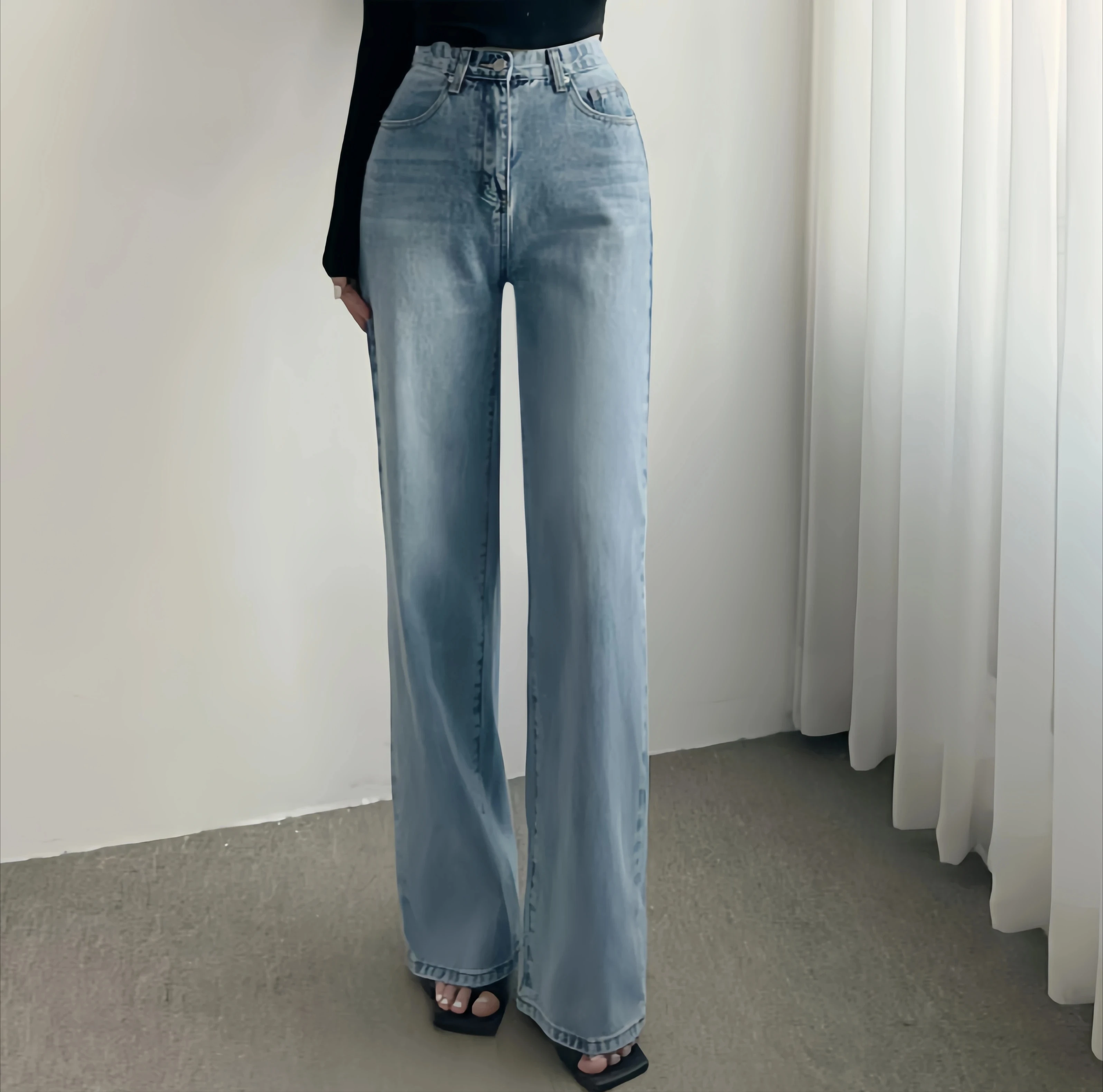 Nowe spodnie jeansowe z szerokimi nogawkami w stylu vintage na wiosnę i lato, z wysokim stanem, niebieskie, postarzane, luźne, codzienne.