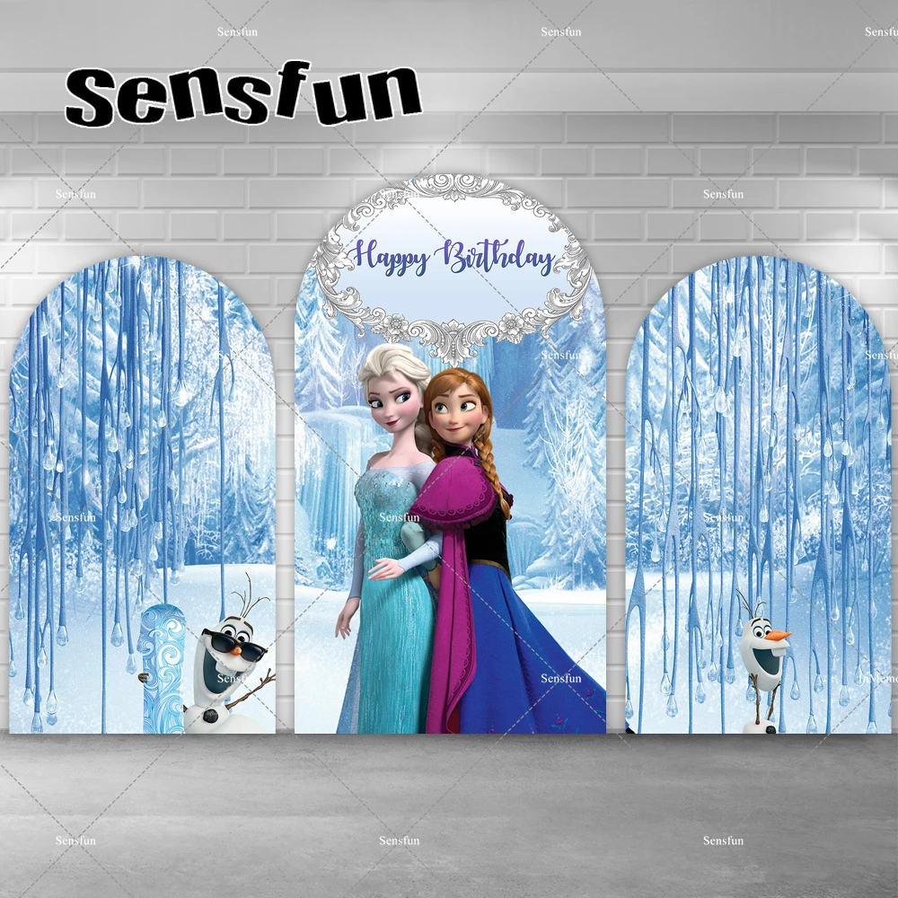 

Frozen Theme Girls Birthday Party Arch Backdrop Chara Wall Banner Winter Snow olaf Anna Elsa Background Customized Doubleside