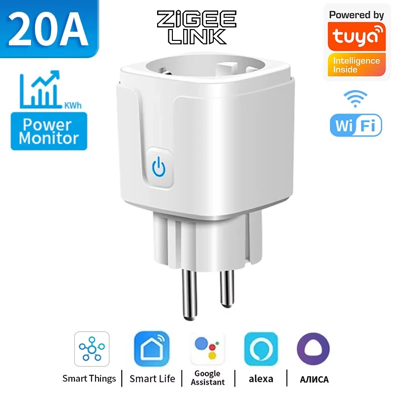 Slimme WiFi/Zigbee-stekker EU-aansluiting 16A/20A met energiemonitoring, timerfunctie, spraakbesturing Alexa, Google Home, Alice