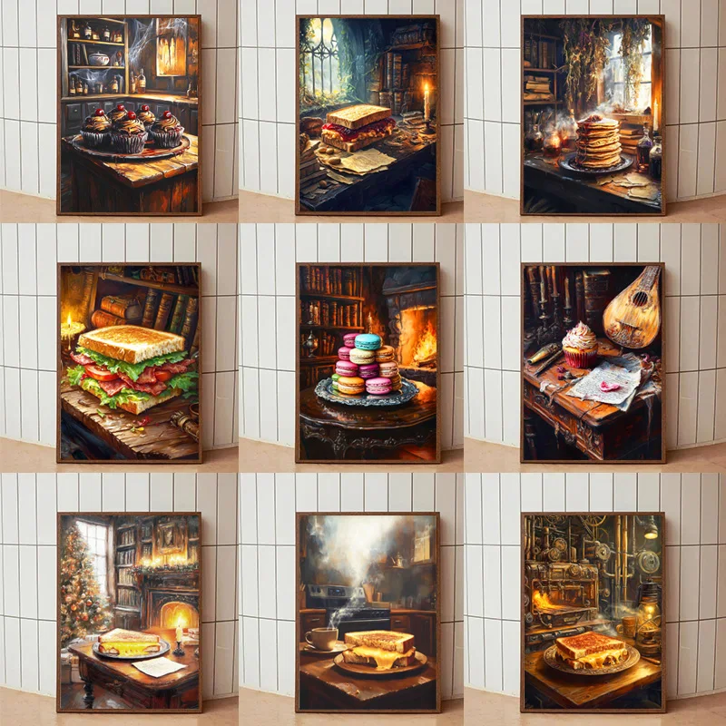 Pintura al óleo clásica Retro, postre Gourmet, queso, tostada, pastel, carteles Macron, impresiones en lienzo, imagen artística, decoración de pared de cocina y habitación del hogar