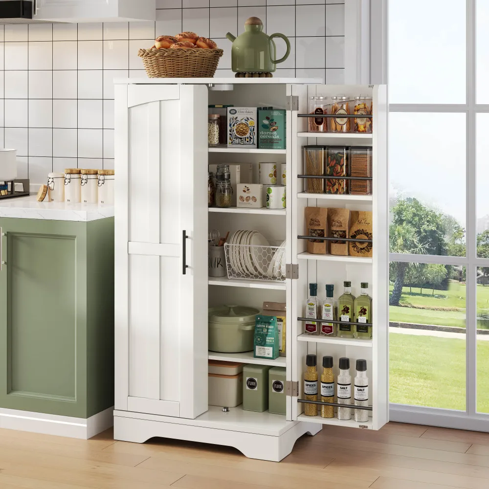 Armoire de cuisine 120x60x40 cm avec éclairage LED à capteur, grande armoire de rangement à 2 portes avec étagères réglables et étagères de porte – Convient pour la cuisine, la salle à manger ou le salon, blanc