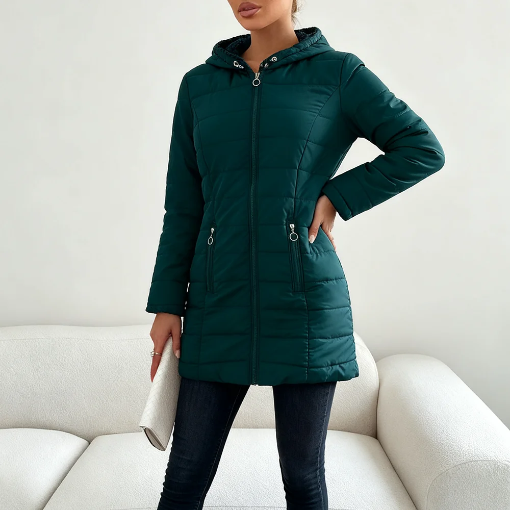 

Женские пуховики 2025, зимняя стеганая приталенная куртка с капюшоном и длинными рукавами, пальто с отделкой из искусственного меха