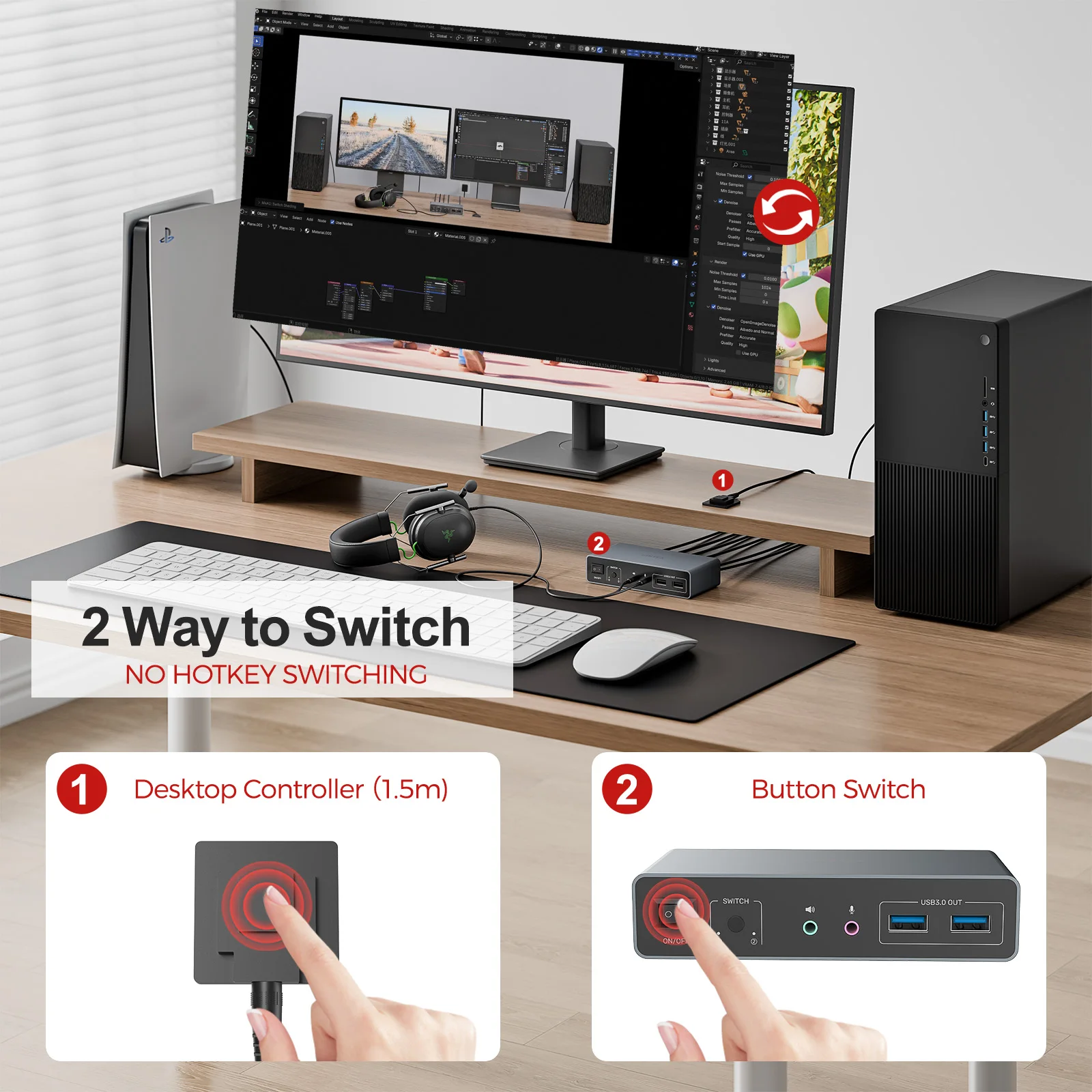 UNITEK 2×2 HDMI DP KVM Switch 4K@60Hz mit USB 3.0 Hub Dual Monitor Switcher 3,5mm Mic Audio Plug & Play für Windows Mac Linux