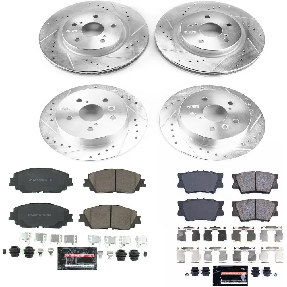 K7931 フロントおよびリア Z23 カーボンファイバーブレーキパッドとドリルおよびスロット付きブレーキローターキット、2018 2019 2020 トヨタ カムリ L用