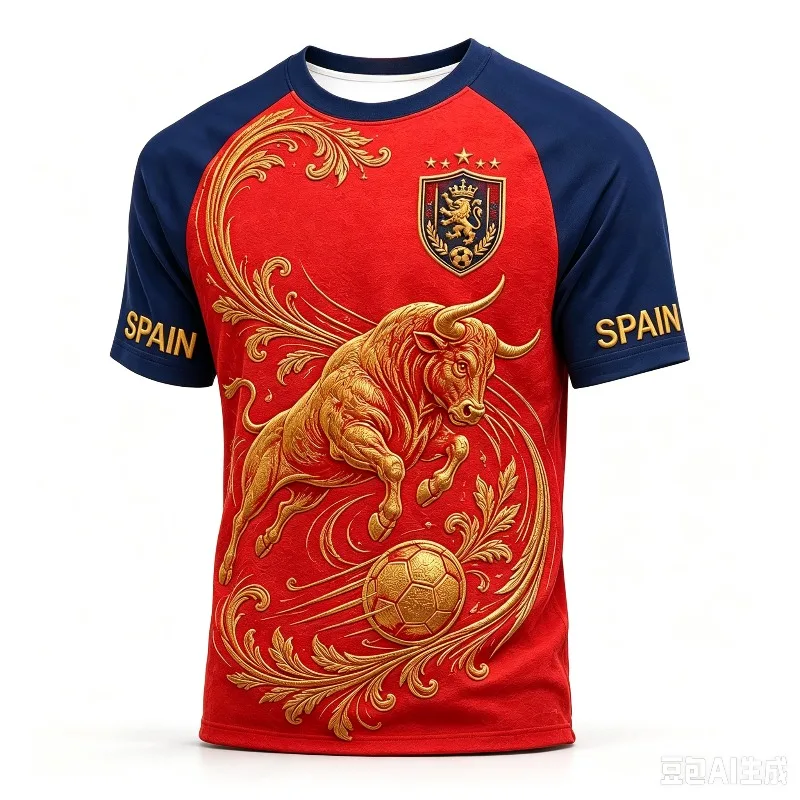 Unisex Spain Soccer Fan Inspired Jersey Red Navy Raglan Golden Bull 3D Print Quick Dry Breathable Football Sports Tee