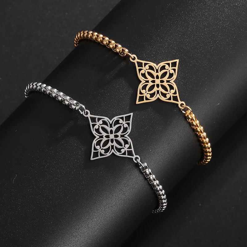 Stainless Steel Hollow Square Flower Mandala Lotus Bracelet Suitable for Women's Fashion Trend Casual Jewelry Gifts