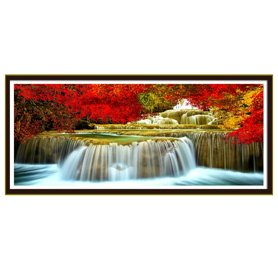 Red Leaves and Waterfall Landscape Pattern Printed Cross Stitch Set Handmade DIY Easy Living Room Decoration Hanging Paintings