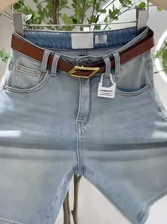 Blaue Denim-Jeans mit Hoher Taille und Geradem Bein für Damen, Elastische Schlankmachende Jeans in Übergröße, Sommer-Neuheit, Fünf-Viertel-Länge