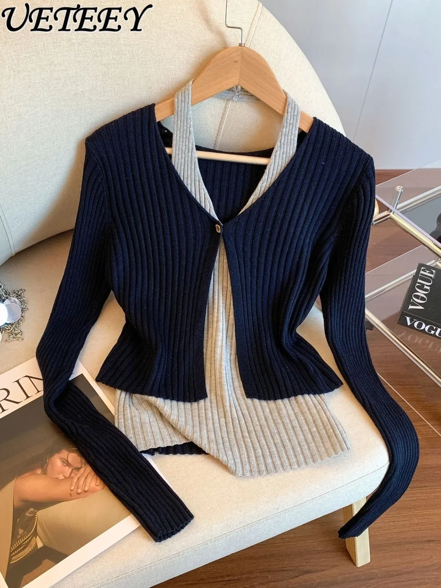 Retro Fake Two-Piece Halter Neck Long Sleeve Knitted Sweater for Women Autumn New Design Sense Waist-Cinching Slimming Top