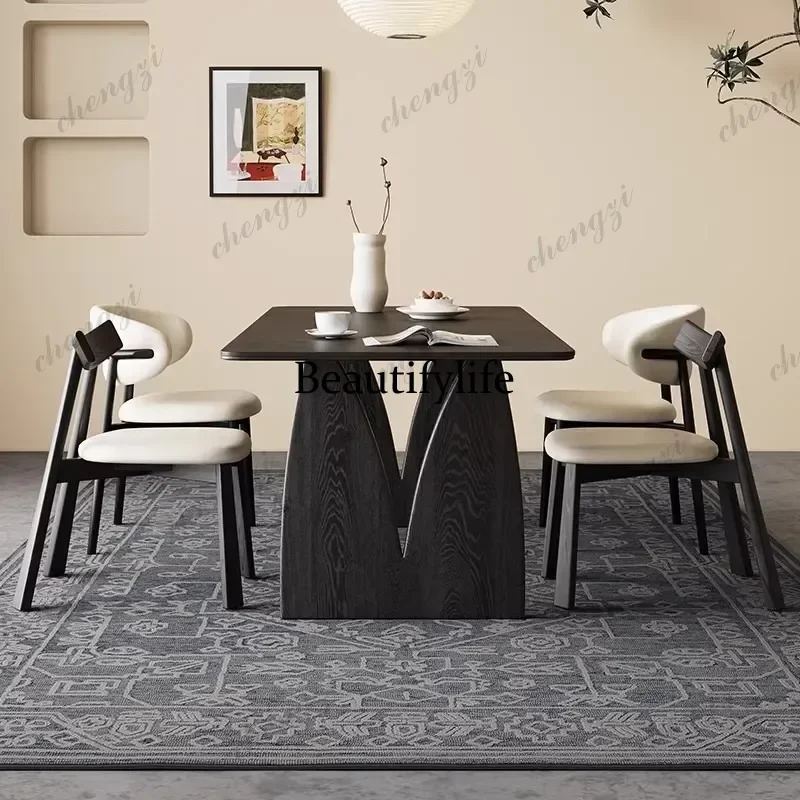 Medieval solid wood rock slab modern simple household rectangular black dining table p182