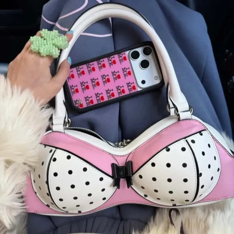 

Pink White Polka Dot Bra Shaped Handbag Sweet Bow Decor Shoulder Bag Fashion Niche Corset Shape Underarm Bags Women Tote Bag